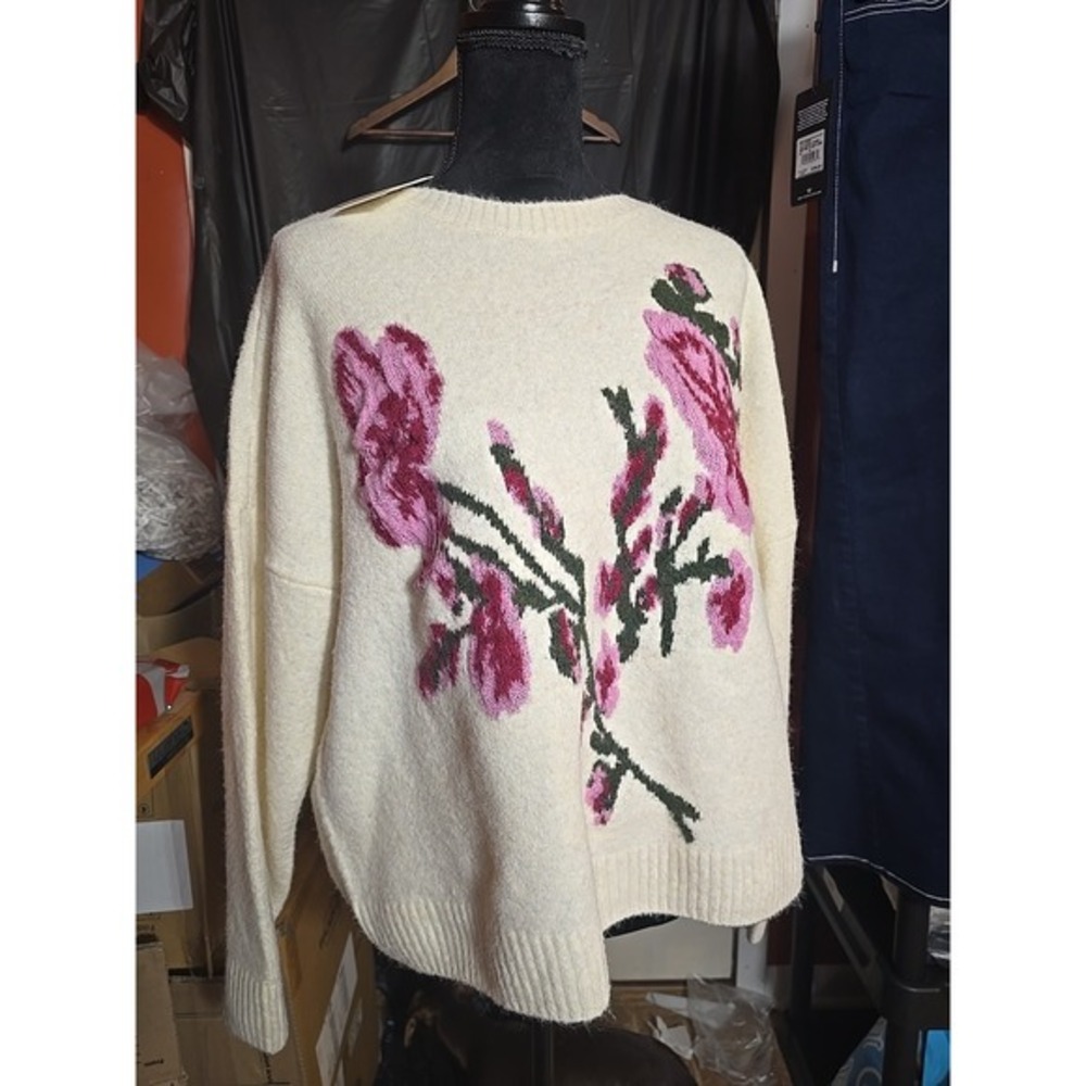 Ted Baker London Long Sleeve Floral Jacquard Pull Over Sweater Cream XL New $175